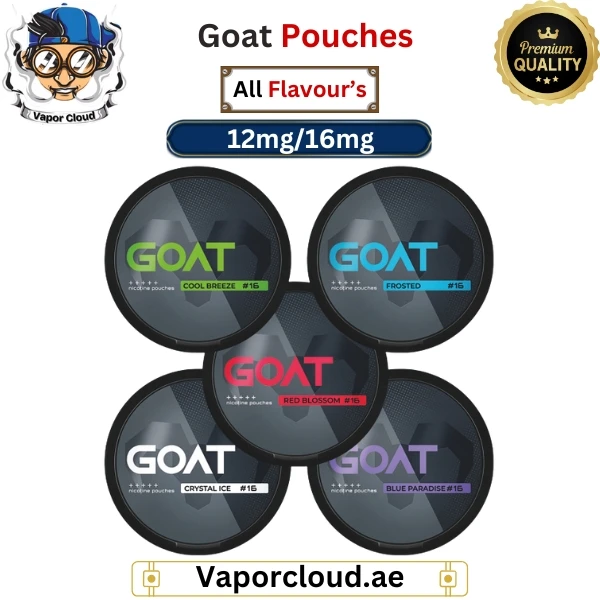 GOAT nicotine pouches in bold, refreshing flavors like Mint, Cola, and Grape – available UAE-wide.