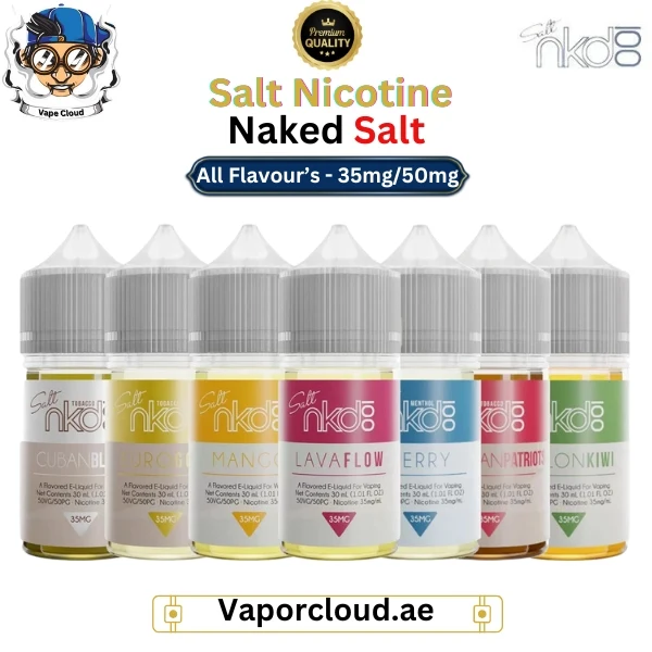 NAKED Salt Nic e-liquid flavors like Lava Flow, Hawaiian POG, and Really Berry – 35mg and 50mg smooth salt nicotine available UAE-wide.
